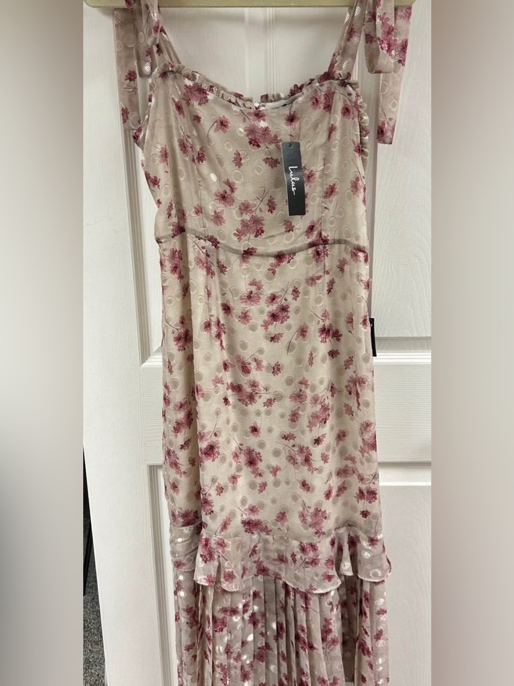 Lulu's Beige Midi Dress with Rose Pink Floral Print